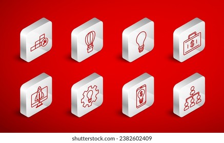 Set line Hierarchy organogram chart, Hot air balloon, Light bulb with concept of idea, Briefcase and money, dollar mobile, Financial growth, gear and Startup project icon. Vector