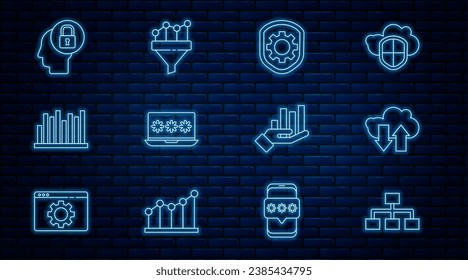 Set line Hierarchy organogram chart, Cloud download and upload, Shield with settings gear, Laptop password, Pie infographic, Human head lock,  and Sales funnel icon. Vector
