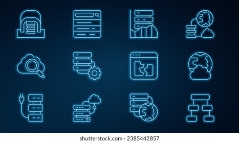 Set line Hierarchy organogram chart, Social network, Server, Data, Web Hosting, and gear, Search cloud computing, Hangar with servers, Broken file and engine icon. Vector