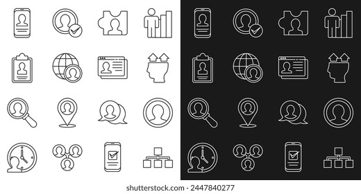 Set line Hierarchy organogram chart, Create account screen, User of man, Head hunting, Globe and people, Clipboard with resume, Mobile and Resume icon. Vector