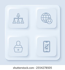 Set line Hierarchy organogram chart, Freelancer,  and Mute microphone on mobile. White square button. Vector