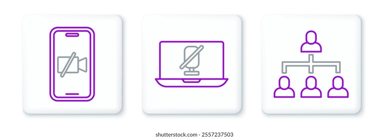 Set line Hierarchy organogram chart, Video camera Off on mobile and Mute microphone laptop icon. Vector