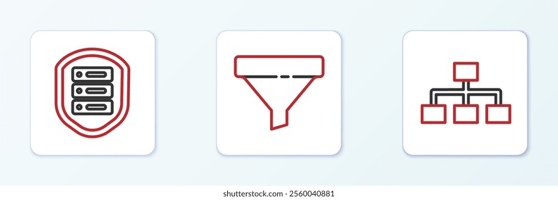 Set line Hierarchy organogram chart, Server with shield and Sales funnel icon. Vector