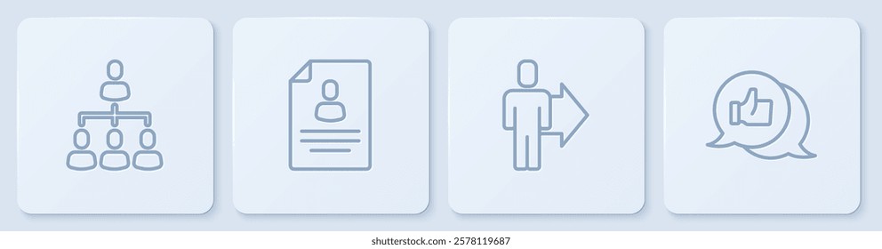 Set line Hierarchy organogram chart, Team leader, Resume and Hand like. White square button. Vector