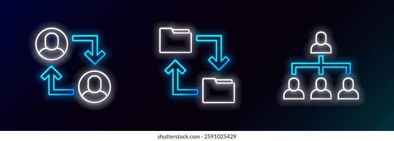 Set line Hierarchy organogram chart, Project team base and Cloud storage document folder icon. Glowing neon. Vector
