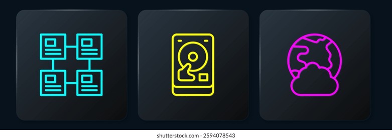 Set line Hierarchy organogram chart, Social network and Hard disk drive HDD. Black square button. Vector