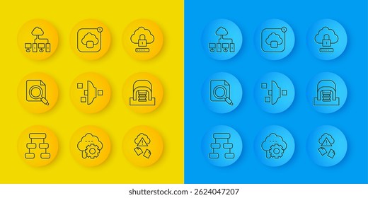 Set line Hierarchy organogram chart, Search concept with folder, Filter setting, Cloud hacking, Hangar servers, Computer network, computing lock and technology data transfer icon. Vector