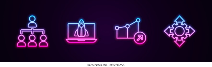 Defina el organigrama de jerarquía de líneas, el concepto de proyecto de inicio, el crecimiento financiero y la base del equipo del proyecto. Icono de neón brillante. Vector