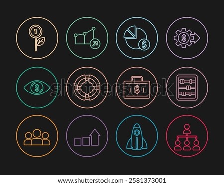 Set line Hierarchy organogram chart, Abacus, Pie and dollar, Business lifebuoy, Eye with, Dollar plant, Briefcase money and Financial growth icon. Vector