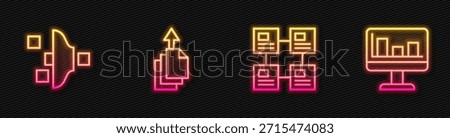 Set line Hierarchy organogram chart, Filter setting, Data export and Monitor with graph. Glowing neon icon. Vector