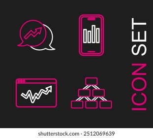 Set line Hierarchy organogram, Graph chart infographic, Mobile with and Financial growth icon. Vector