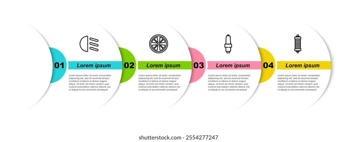 Set line High beam, Alloy wheel, Car spark plug and Shock absorber. Business infographic template. Vector