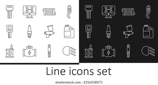 Fijar la línea de luz de carretera, cartucho para aceite de motor, sistema de refrigeración del radiador de coches, bujía de chispa, llave con mando a distancia, pistola de pintura y condición de diagnóstico del icono del coche. Vector