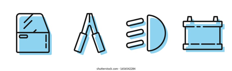 Set Line High Strahl, Auto-Tür, Auto-Batterie-Jumper-Stromkabel und Auto-Batterie Symbol. Vektorillustration