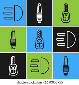 Set line High beam, Car key with remote and Car spark plug icon. Vector