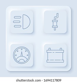 Set line High beam, Car muffler, Speedometer and Car battery. White square button. Vector