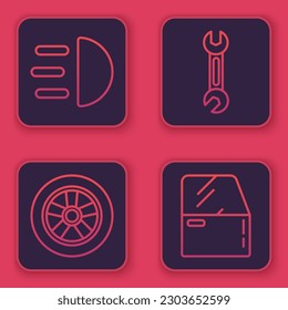 Set line High beam, Car wheel, Wrench and Car door. Blue square button. Vector