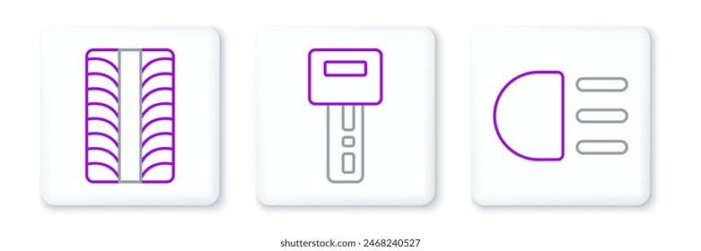 Fije la línea de luz de carretera, llanta del coche y llave con el icono del control remoto. Vector