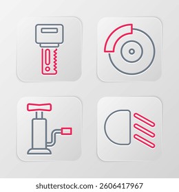 Set line High beam, Car air pump, brake disk with caliper and key remote icon. Vector