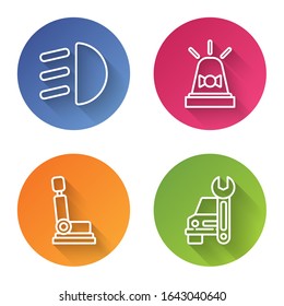 Set line High beam, Flasher siren, Car seat and Car service. Color circle button. Vector