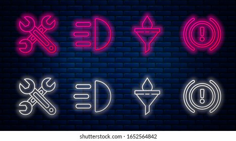 Fije la línea de la señal de luz de carretera, el embudo o filtro y la señal de aviso del sistema de llave y freno. Icono de neón brillante en la pared de ladrillo. Vector