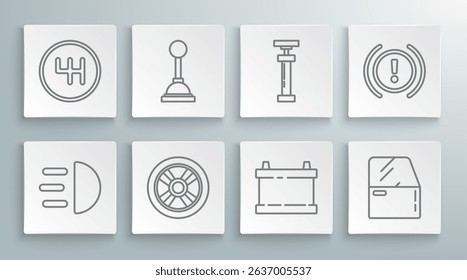 Set line High beam, Gear shifter, Car wheel, battery, door, , Brake system warning and icon. Vector
