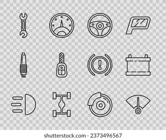 Set line High beam, Speedometer, Steering wheel, Chassis car, Wrench, Car key with remote, brake disk caliper and battery icon. Vector