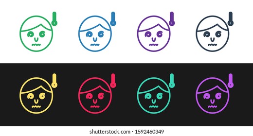 Set line High human body temperature or get fever icon isolated on black and white background. Disease, cold, flu symptom.  Vector Illustration