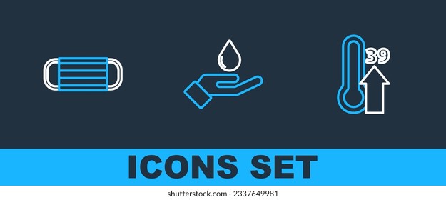Set line High human body temperature, Medical protective mask and Washing hands with soap icon. Vector