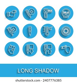 Set line High human body temperature, Medical thermometer, Checking, Digital, Sun and Meteorology icon. Vector