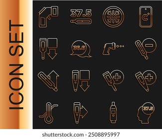 Set line Hohe menschliche Körpertemperatur, digitales Thermometer, Medical, Schneeflocke und Icon. Vektorgrafik
