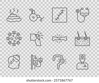 Set line High human body temperature, Male doctor, Scar with suture, IV bag, Shit, Joint pain, knee pain, Gut constipation and Hair covering skin icon. Vector