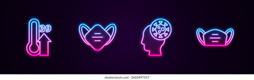 Set line High human body temperature, Medical protective mask, Human and virus and . Glowing neon icon. Vector
