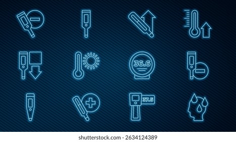 Linha definida Temperatura corporal humana alta, Termômetro digital, Médico, Meteorologia e ícone. Vetor