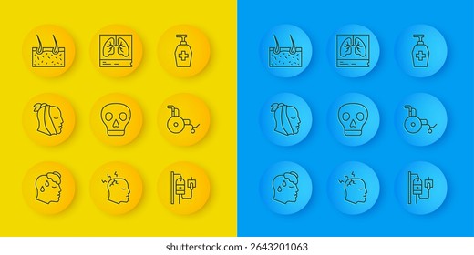 Alta temperatura del cuerpo humano, dolor de muelas, cráneo, bolsa intravenosa, silla de ruedas, piel que cubre el cabello, jabón antibacteriano líquido e icono de rayos X de pulmones. Vector