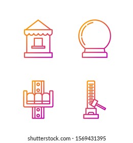 Set line High striker attraction with big hammer, Attraction carousel, Ticket box office and Magic ball. Gradient color icons. Vector