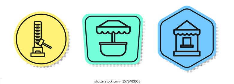 Set line High striker attraction with big hammer, Attraction carousel and Ticket box office. Colored shapes. Vector