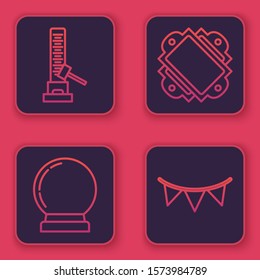 Set line High striker attraction with big hammer, Magic ball, Ticket and Carnival garland with flags. Blue square button. Vector