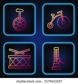 Set line High striker attraction with big hammer, Drum with drum sticks, Unicycle or one wheel bicycle and Vintage bicycle with one big wheel and one small. Gradient color icons. Vector