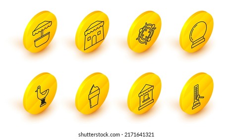 Línea de alta atracción de huelguista con martillo grande, helado en cono de gofre, pato infantil en bicicleta, bola mágica, deporte objetivo para competición de tiro, tienda de circo e ícono de carrusel de atracción. Vector