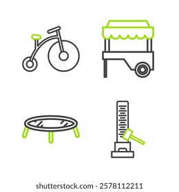 Set line High striker attraction with big hammer, Jumping trampoline, Fast street food cart awning and Vintage bicycle one wheel and one small icon. Vector