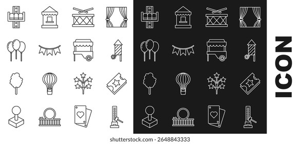 Set line High striker attraction with big hammer, Ticket, Firework rocket, Drum drum sticks, Carnival garland flags, Balloons ribbon, Attraction carousel and Fast street food cart awning icon. Vector