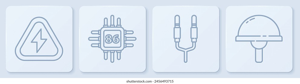Ajuste de línea Alto voltaje, conector de audio, procesador con microcircuitos CPU y diodo emisor de luz. Botón cuadrado blanco. Vector