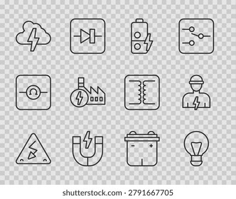 Set line High voltage, Creative lamp light idea, Battery charge, Magnet, Cloud and lightning, Nuclear power plant, Car battery and Electrician icon. Vector