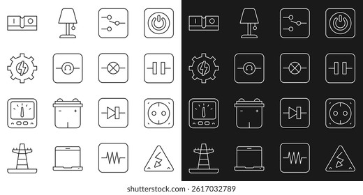 Set line High voltage, Electrical outlet, Electrolytic capacitor, Switch in electronic circuit, Ohmmeter, Gear and lightning, switch and Lamp icon. Vector