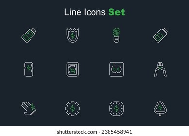 Set line High voltage, Lightning bolt, Gear and lightning, Electric glove, Pliers tool, Electrical outlet, panel and Refrigerator icon. Vector