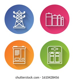 Set line High voltage power pole line, Battery, Car battery and Battery in pack. Color circle button. Vector