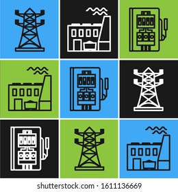 Set line High voltage power pole line, Electrical panel and Coal power plant and factory icon. Vector