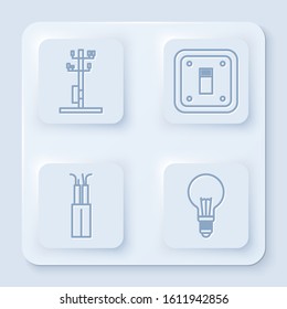 Set line High voltage power pole line, Electric light switch, Electric cable and Light bulb with concept of idea. White square button. Vector