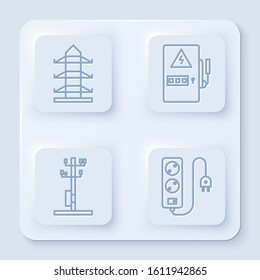 Set line High voltage power pole line, Electrical panel, High voltage power pole line and Electric extension cord. White square button. Vector